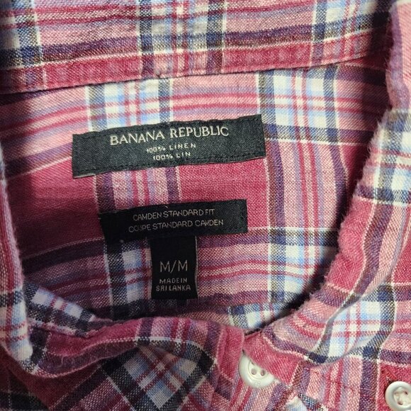 Banana Republic Camden Fit 100% Linen Shirt Medium Button Up Plaid Lightweight - Picture 3 of 5